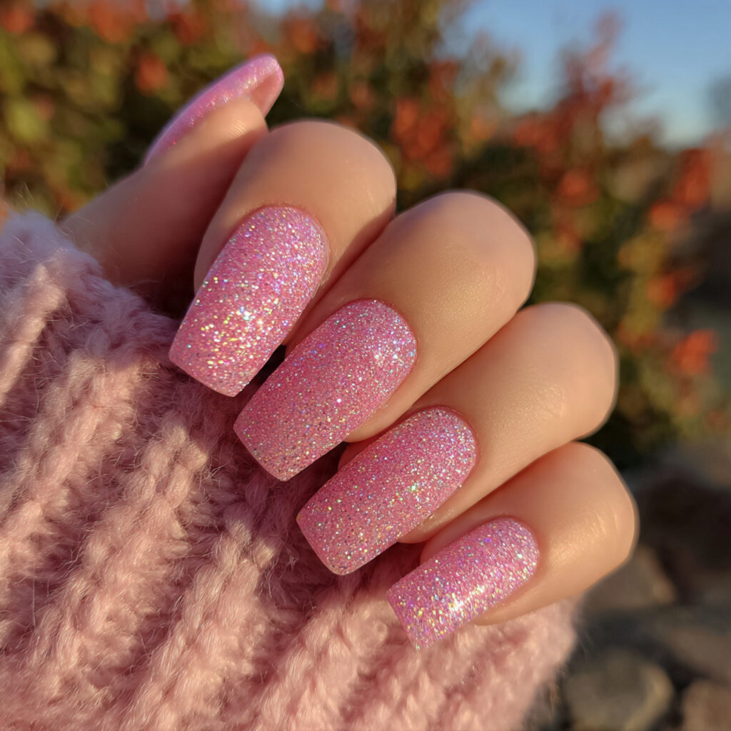 Pink Square Nails: 14 Clean Lines, Soft Energy & Endless Charm 11 attractive glitter pink square nails with outdoor