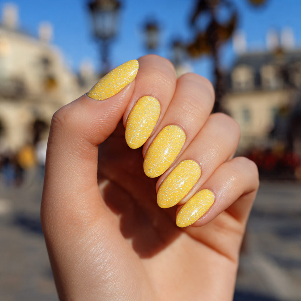 Nail Inspo Yellow: Bright, Happy & Sunshine-Ready 13 attractive glitter yellow nails with outdoor backg 1