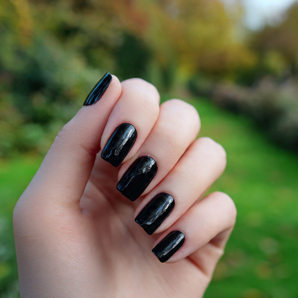 Nail Inspo Solid Color: Simple Shades That Feel So Put-Together 10 attractive glossy black solid nails with outdoor b