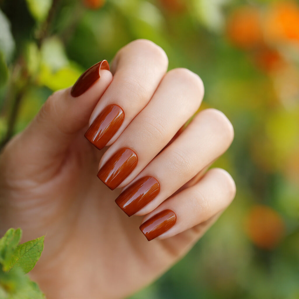 Brown Short Nails: Cozy, Chic Looks You’ll Want on Repeat 13 attractive glossy caramel brown nails outdoor back