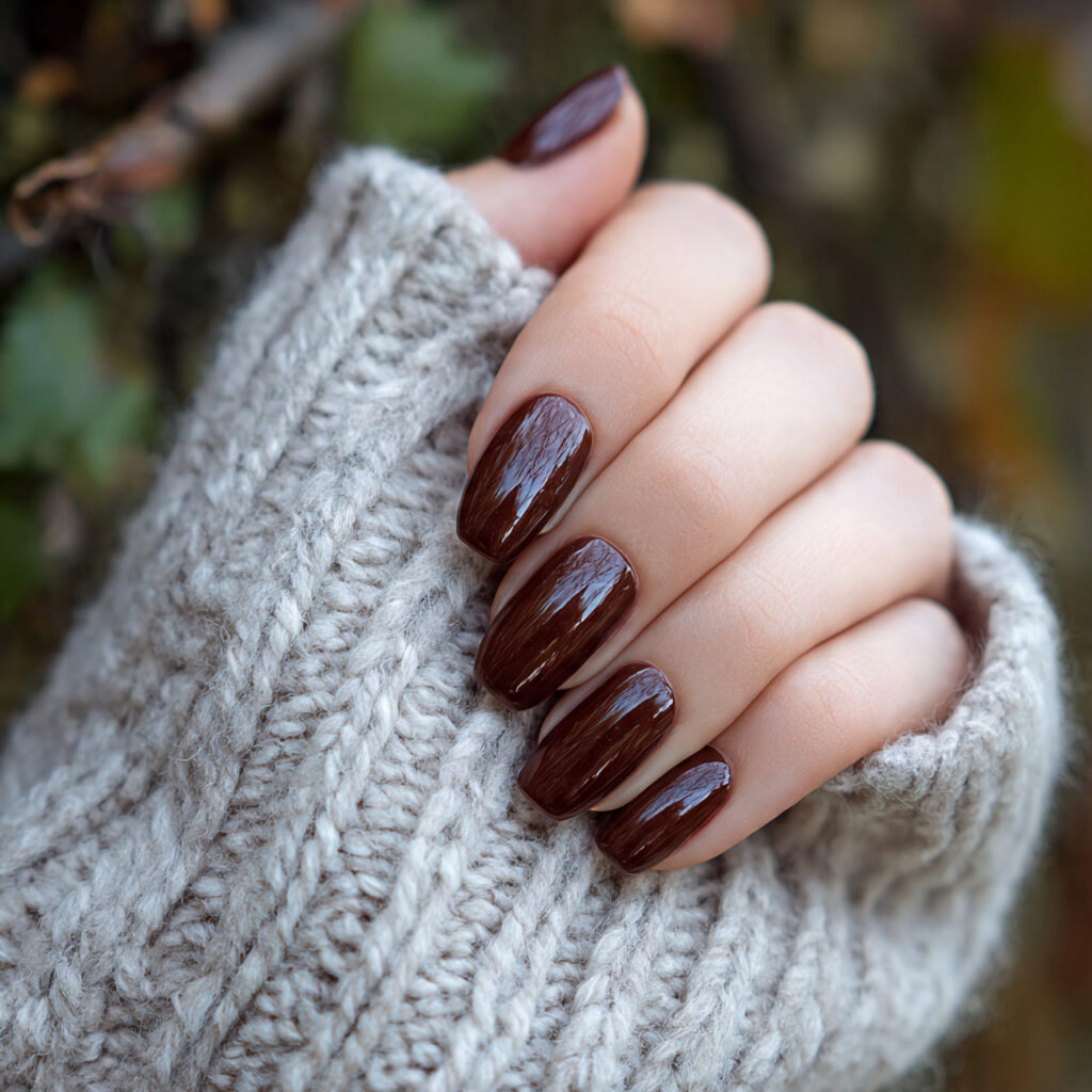 attractive glossy chocolate brown nails with outdo
