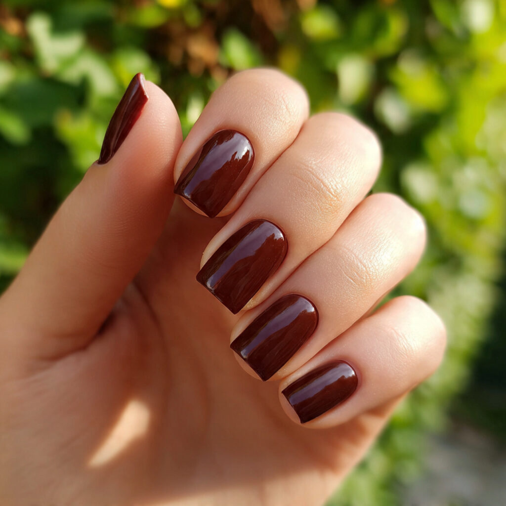 Short Nails Brown: 12 Cozy, Chic & Effortlessly Aesthetic Ideas 8 attractive glossy chocolate brown short nails with