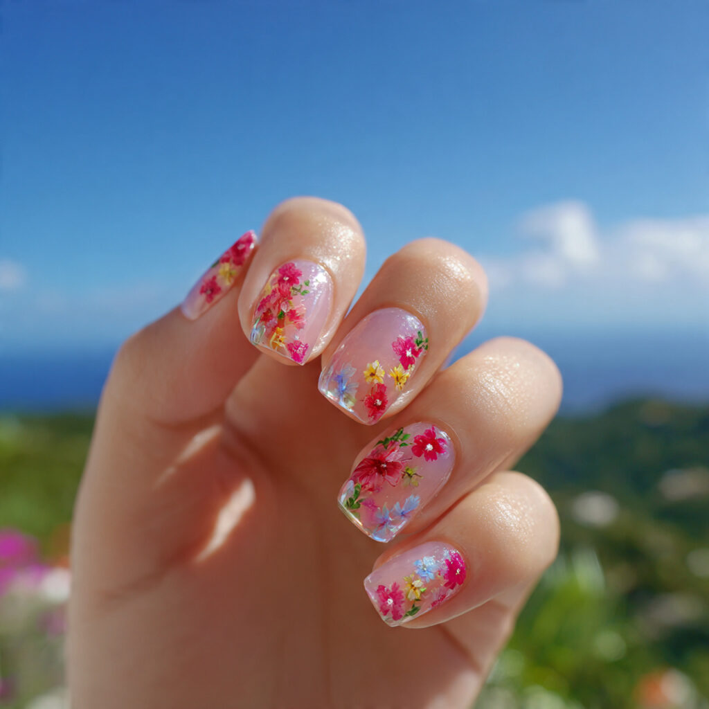 Nail Inspo 3D Flower: Soft Petals, Dreamy Details & Pure Romance 4 attractive glossy clear nails with floral accents