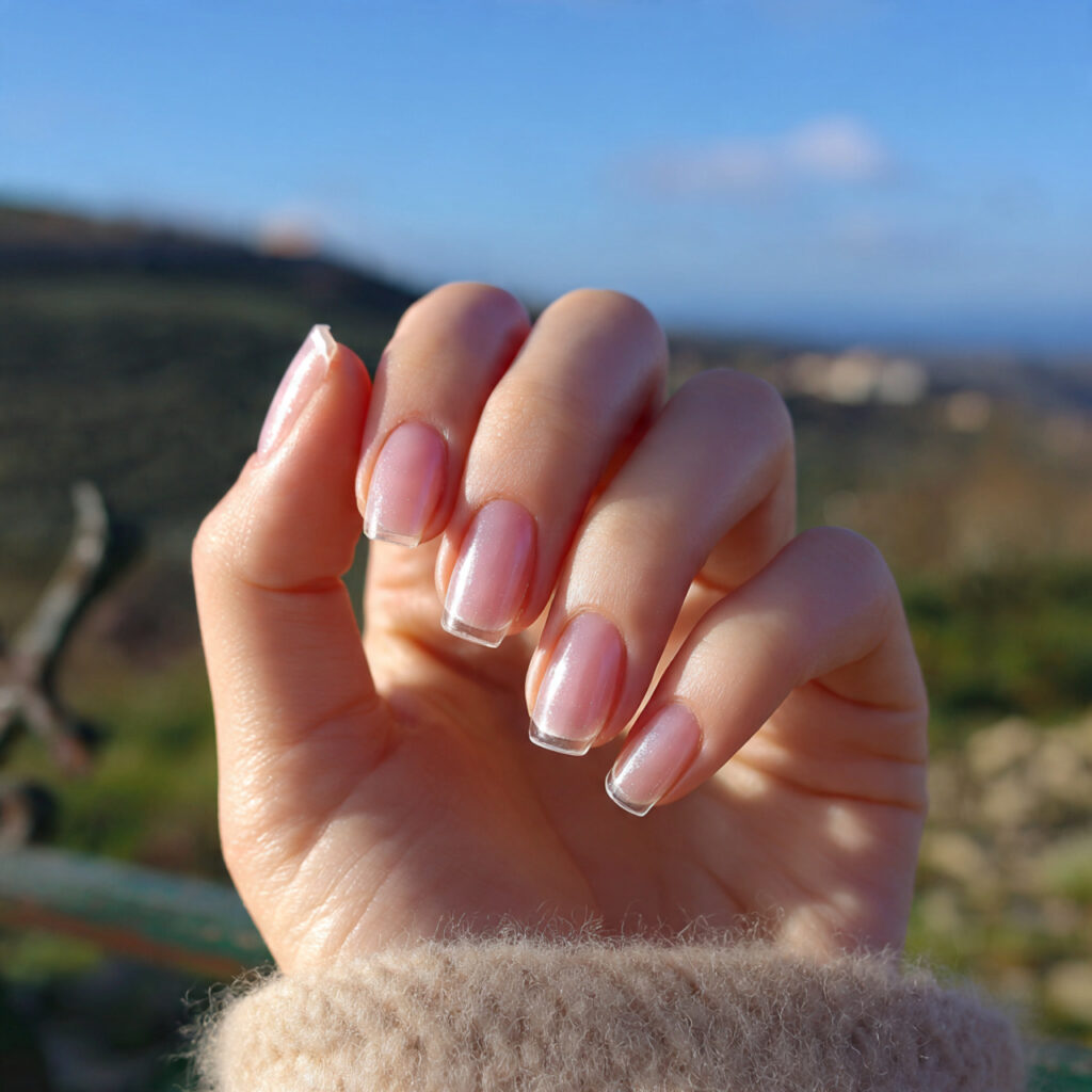 attractive glossy clear nails with outdoor backgro