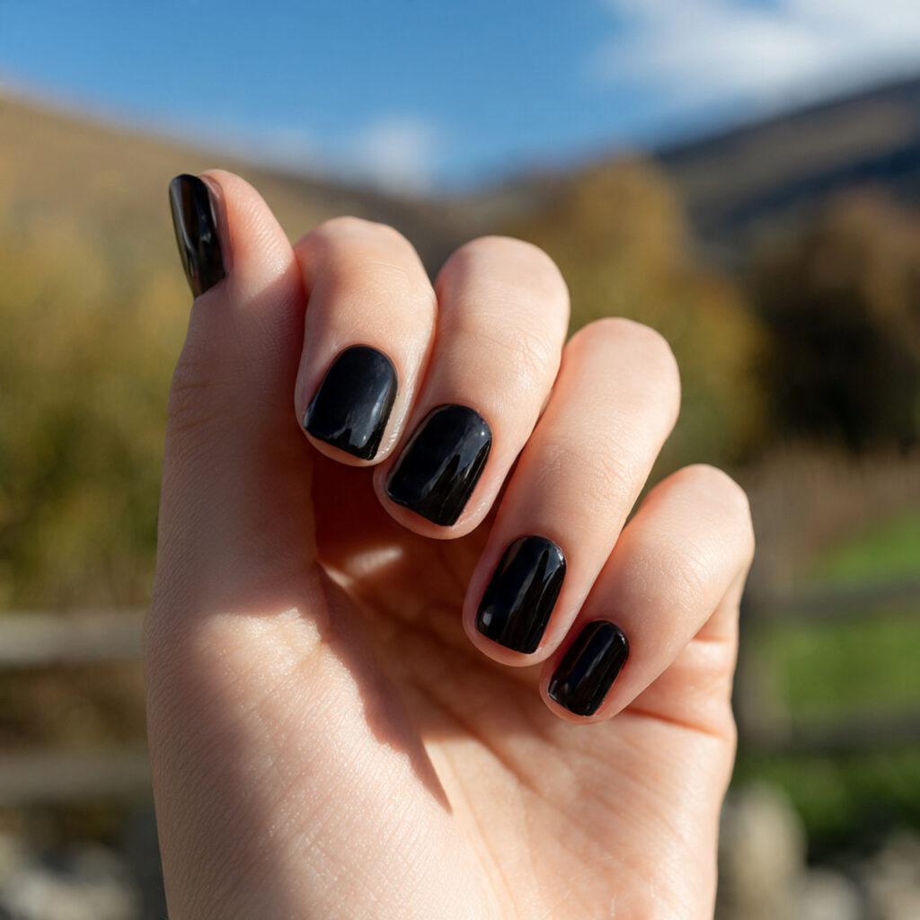 Short Dark Nails: Bold, Chic & Effortlessly Cool 1 attractive glossy jet black short nails with outdo 1