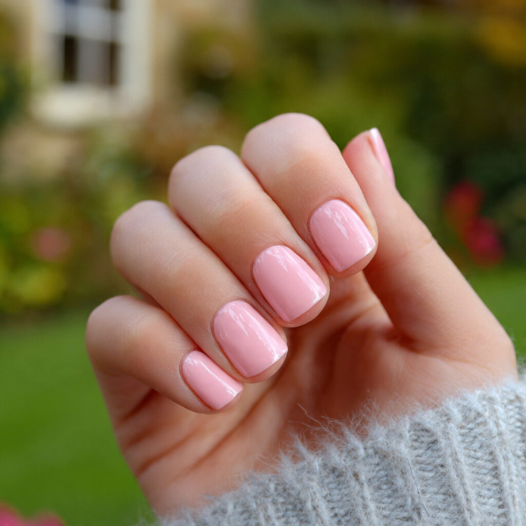 attractive glossy pastel pink short nails with out