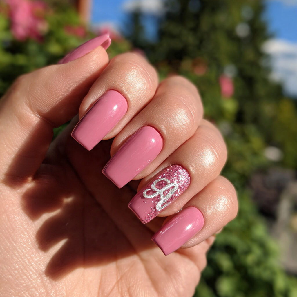 Nail Inspo with Initial: Personal, Pretty & Totally Your Vibe 7 attractive glossy pink nails with glitter initial