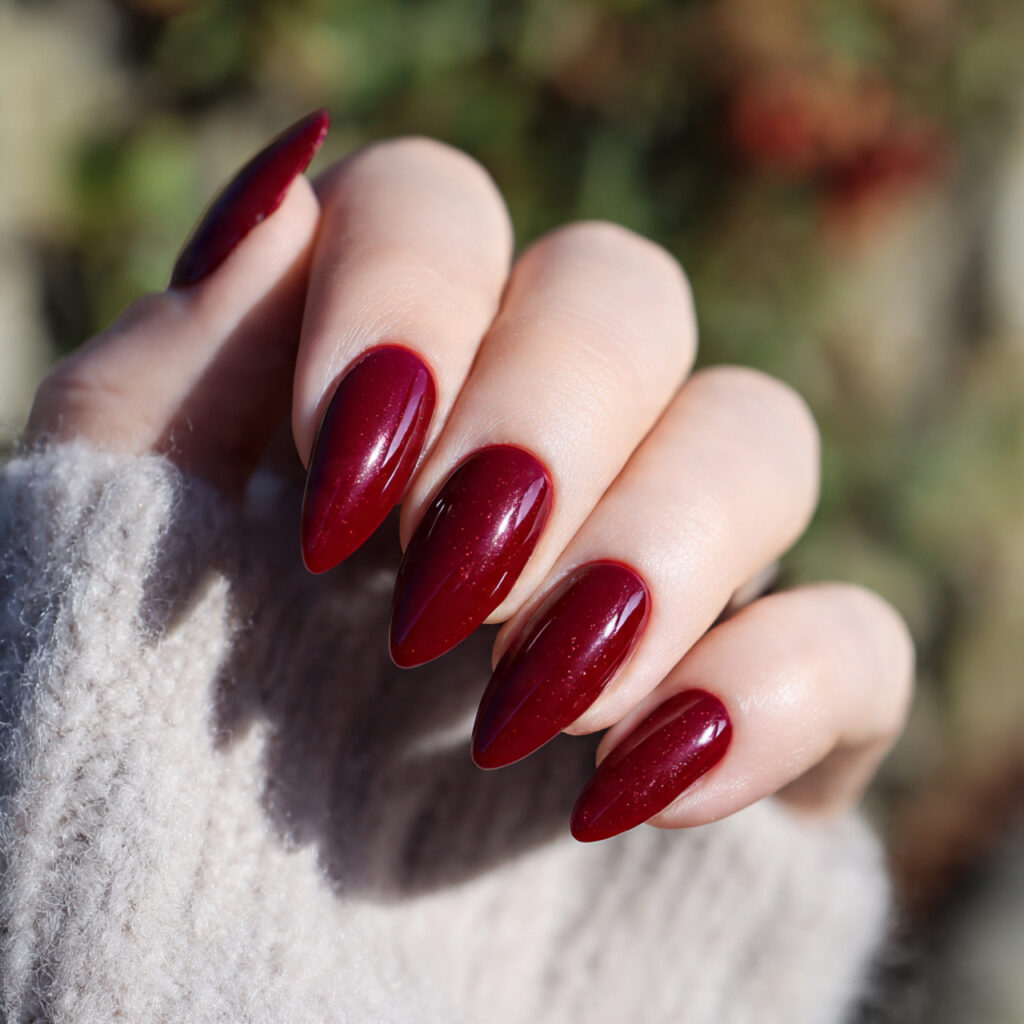 attractive glossy red pointy short nails with outd