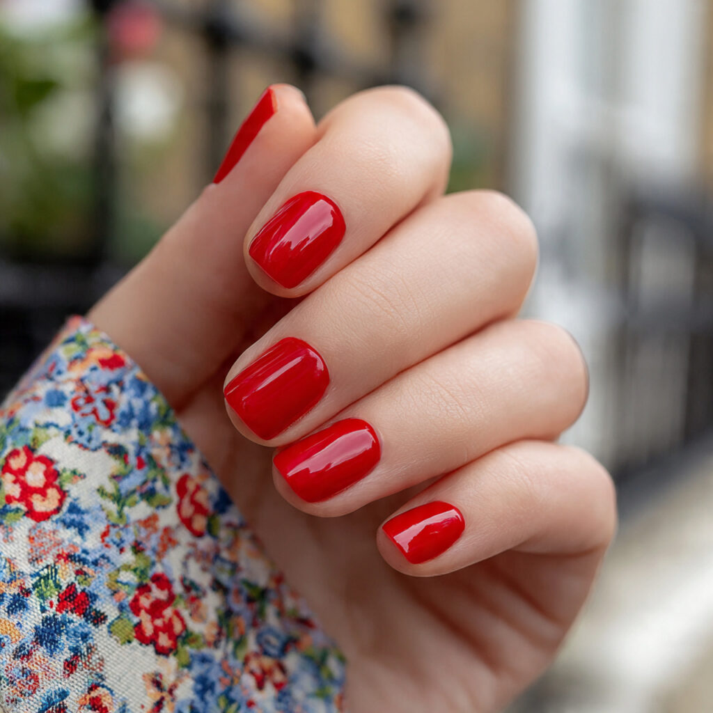 attractive glossy red short nails with outdoor bac