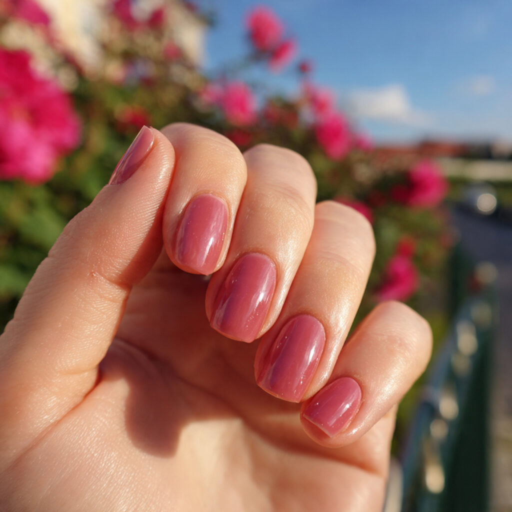 Short Nails Inspo Aesthetic: Cute, Clean & Effortlessly Pretty Ideas 2 attractive glossy short nails with outdoor backgro