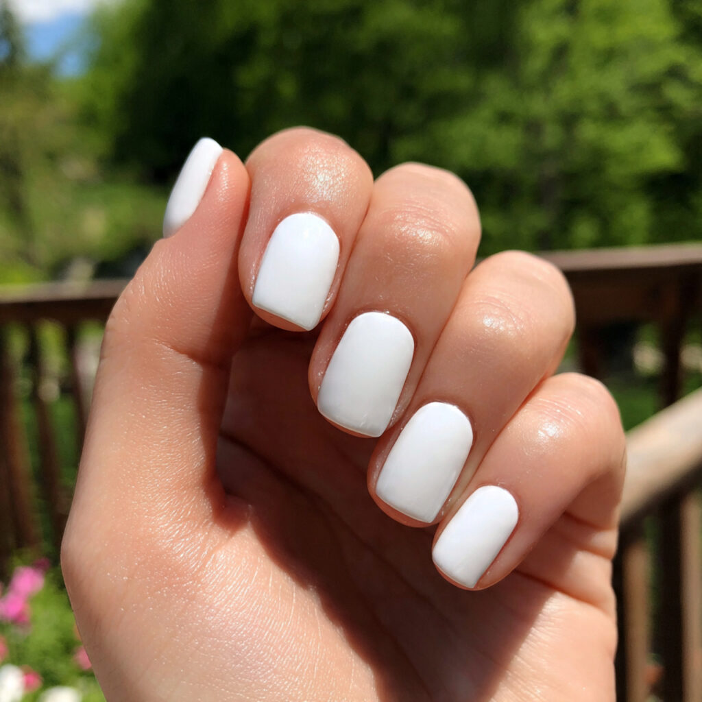 attractive glossy white short nails with outdoor b