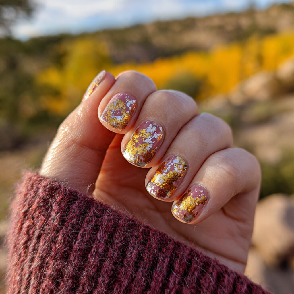 Short Nails Autumn: Cozy, Chic Looks You’ll Fall in Love With 11 attractive gold accent autumn nails with outdoor b