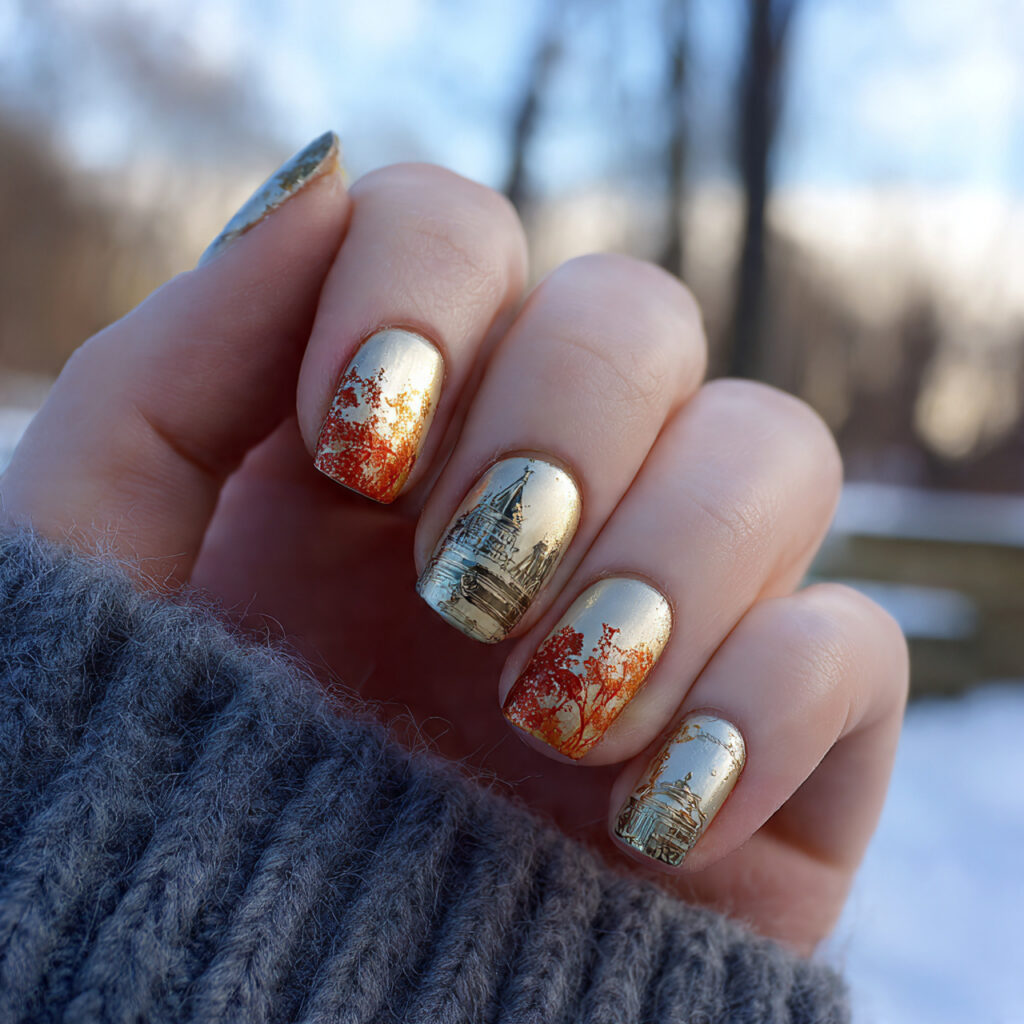 Short Nails Winter: Cozy, Chic & Effortlessly Cute 13 attractive gold accent winter nails with outdoor b