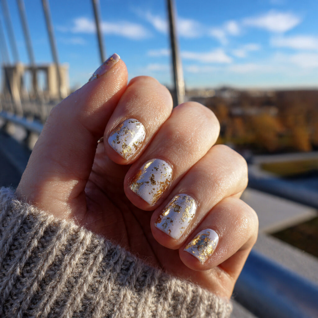 attractive gold foil accent short nails with outdo 2