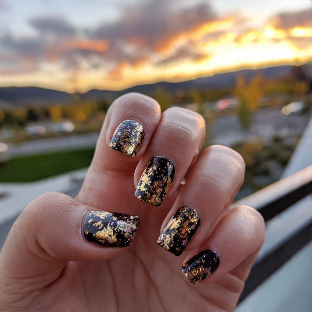 attractive gold foil acrylic short nails with outd