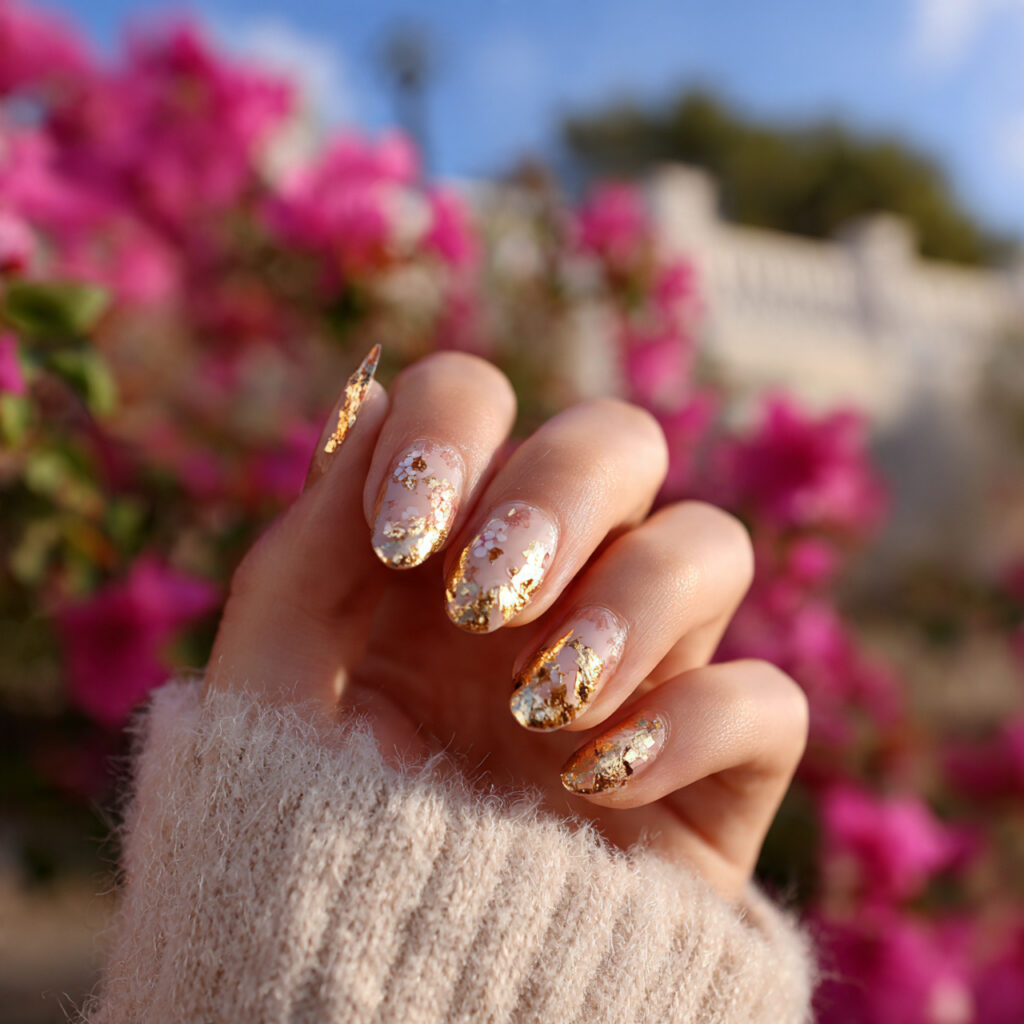 Extra Short Almond Nails: 14 Cute & Aesthetic Ideas You’ll Love 6 attractive gold foil almond short nails with outdo