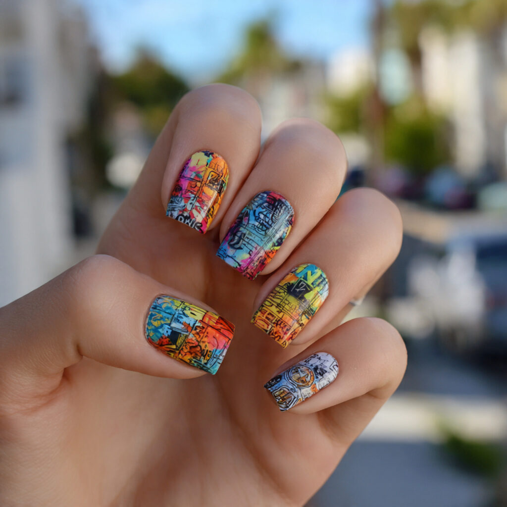 attractive graffiti style funky short nails with o