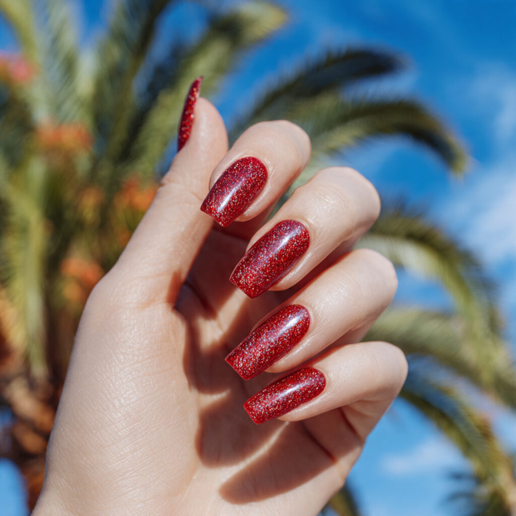 Red Nails Glitter: Bold Sparkle, Soft Glam & Statement Shine 11 attractive hand with red chrome and glitter combo