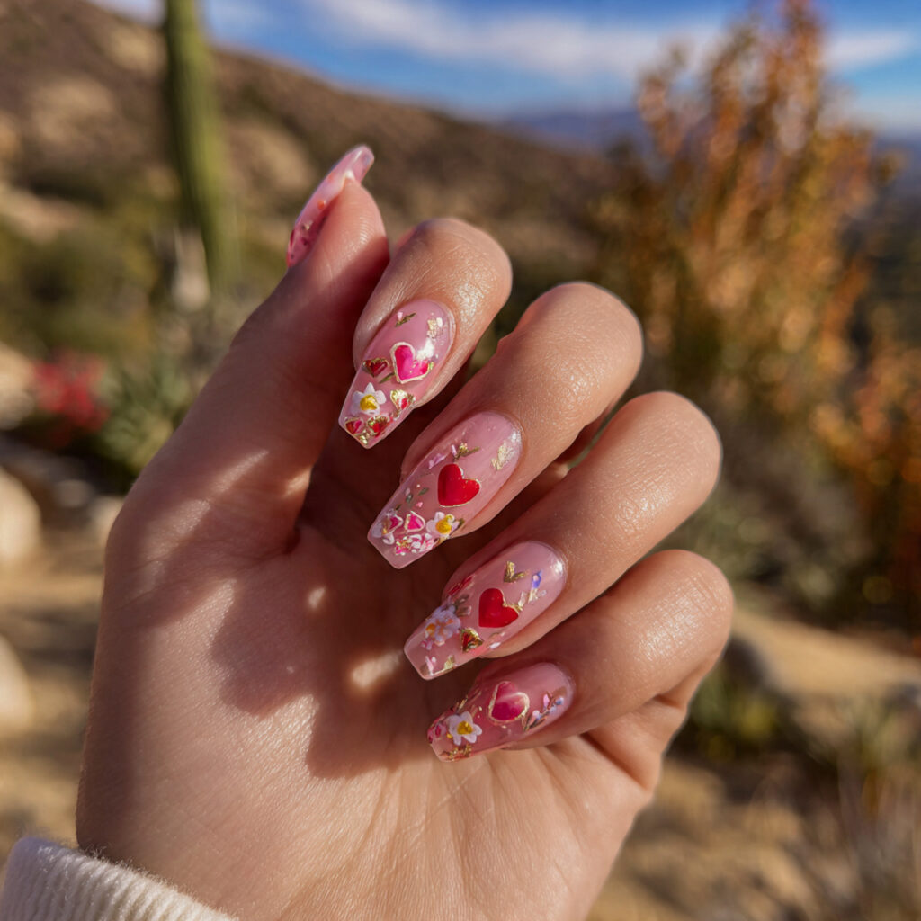 attractive heart detail nails with outdoor backgro 1