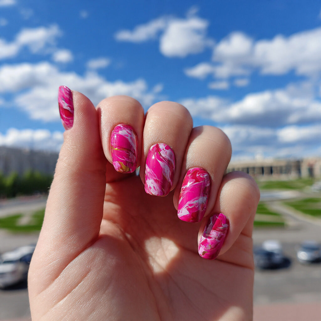 attractive hot pink abstract nails with outdoor ba