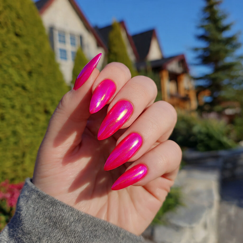 attractive hot pink aura nails with outdoor backgr