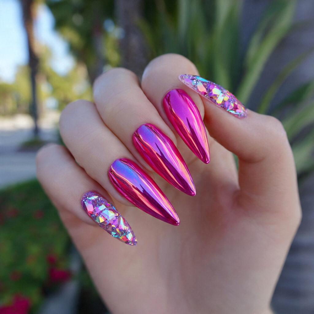 attractive hot pink chrome accent nails with outdo