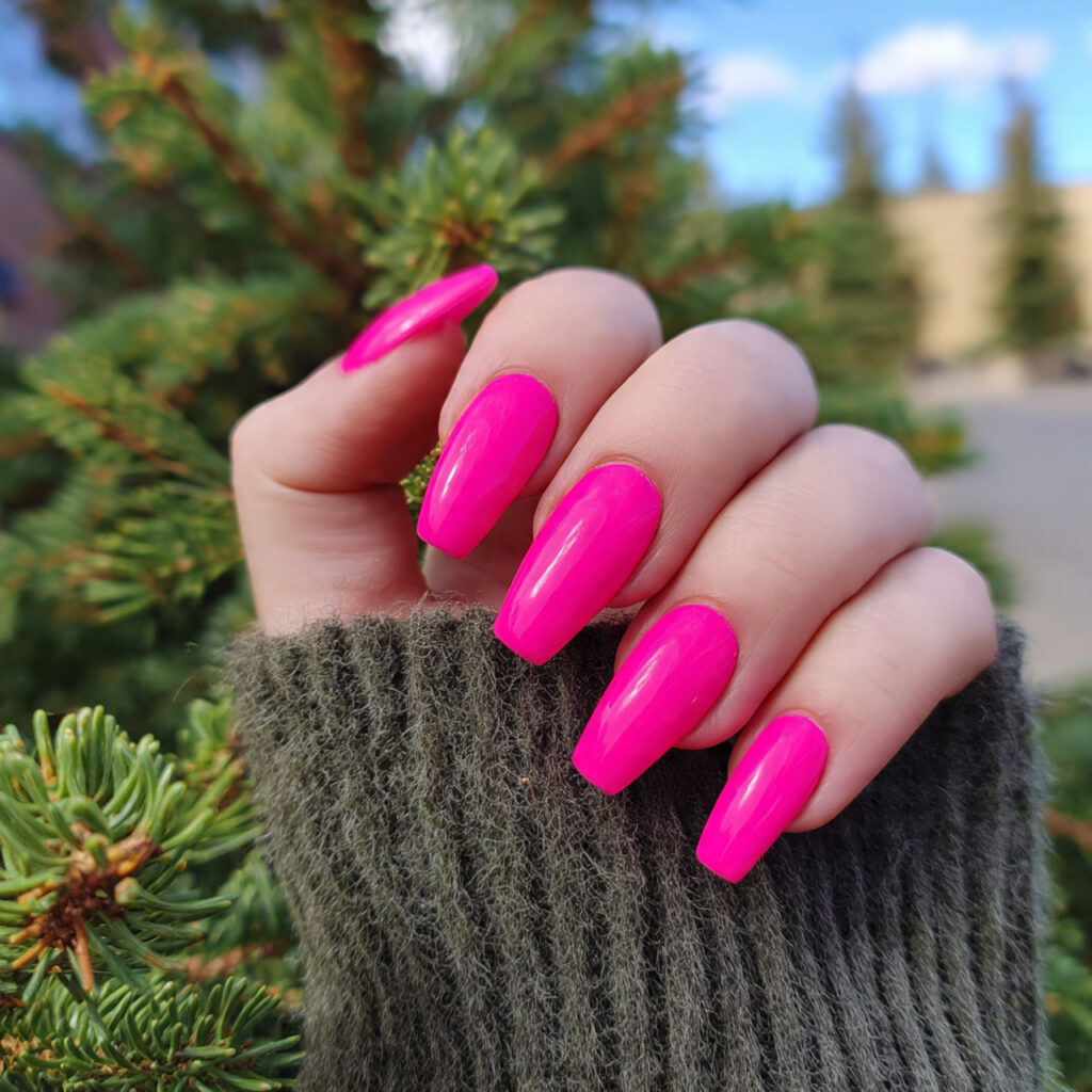 Pink Coffin Nails: 14 Dreamy & Trendy Designs You’ll Love 4 attractive hot pink coffin nails with outdoor back