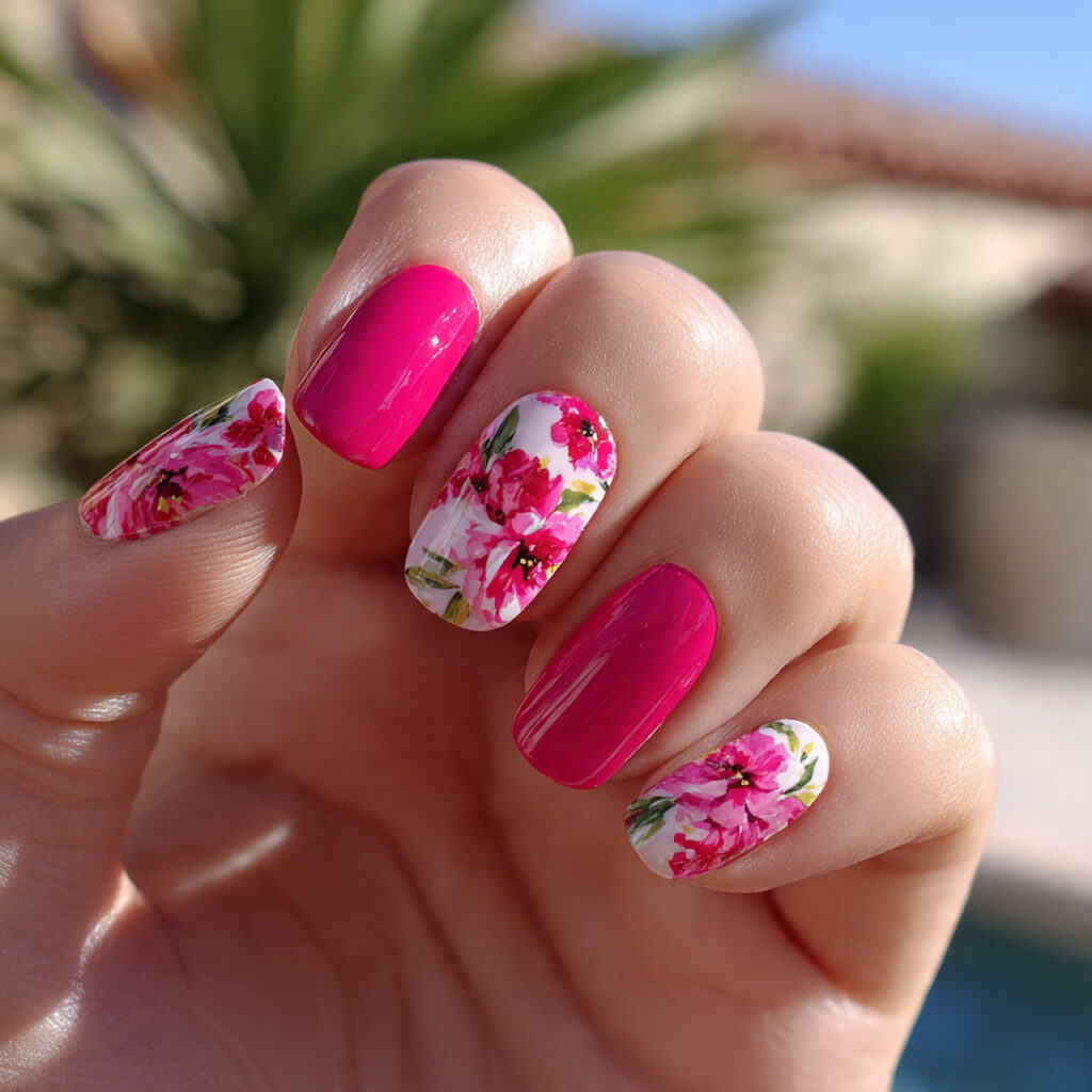 attractive hot pink floral nail with outdoor backg