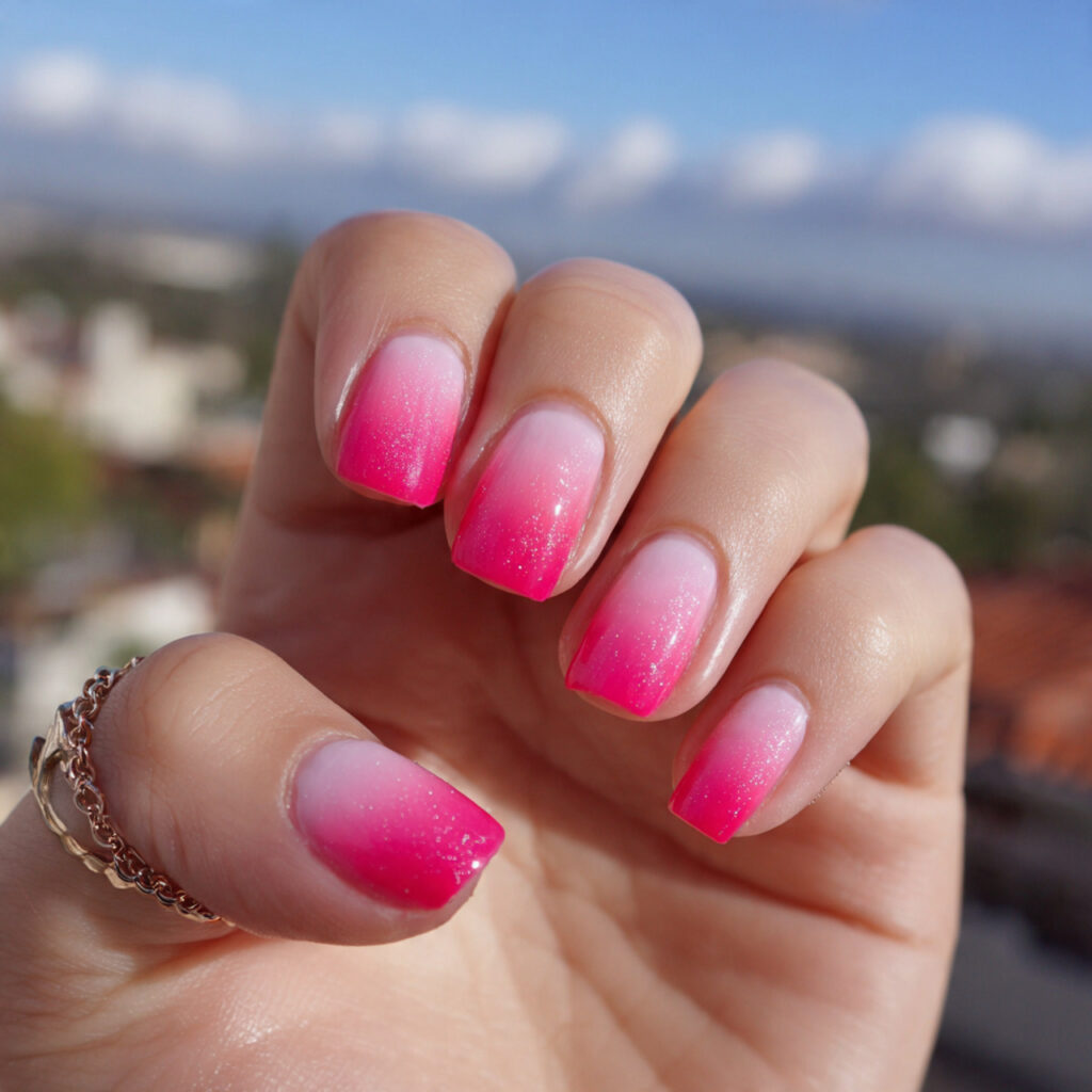 attractive hot pink ombre nails with outdoor backg 1