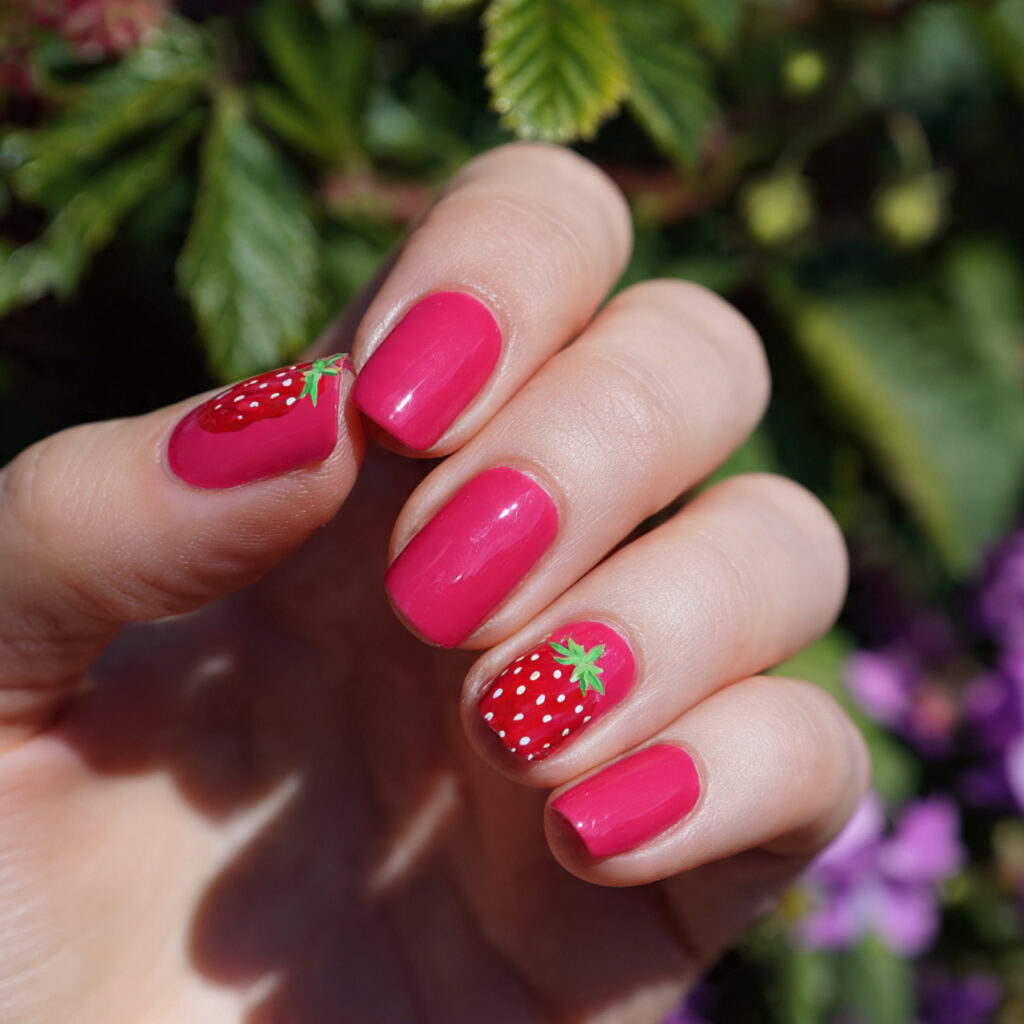 attractive hot pink strawberry nails with outdoor