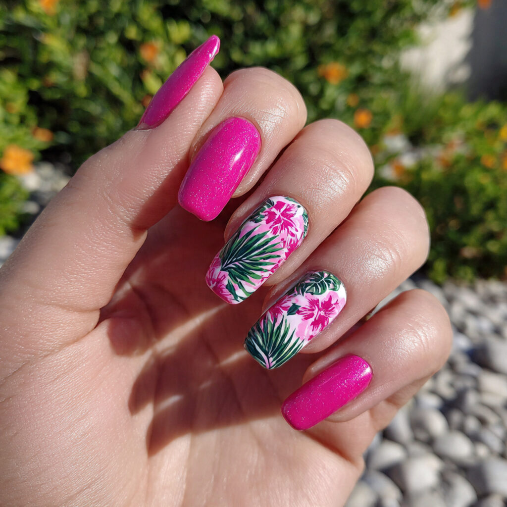attractive hot pink tropical nails with outdoor ba