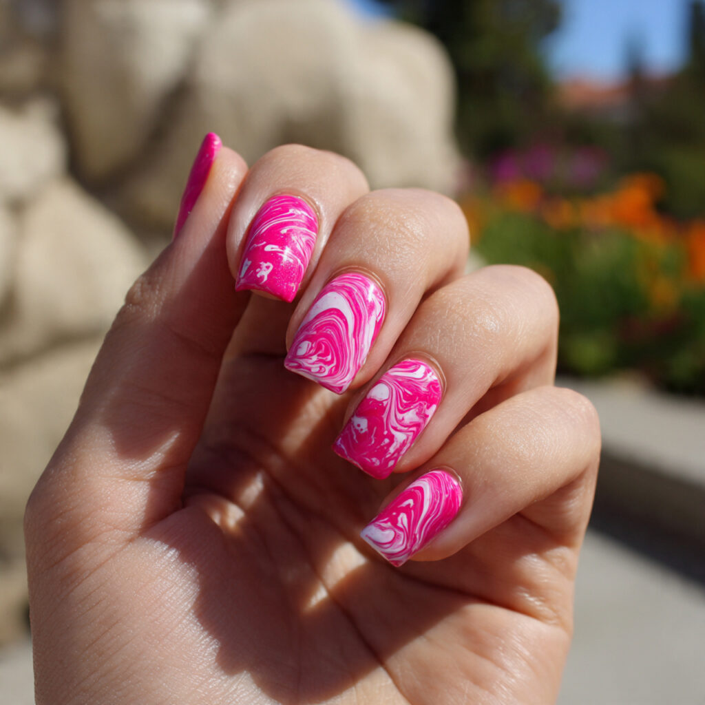 attractive hot pink wave nails with outdoor backgr