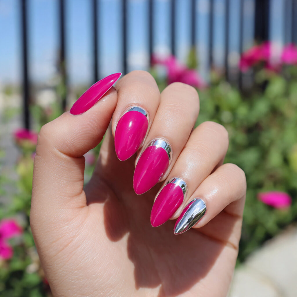 Pink and Silver Nails: Soft Glam Meets Sparkle 9 attractive hot pink with silver chrome accent nail 1