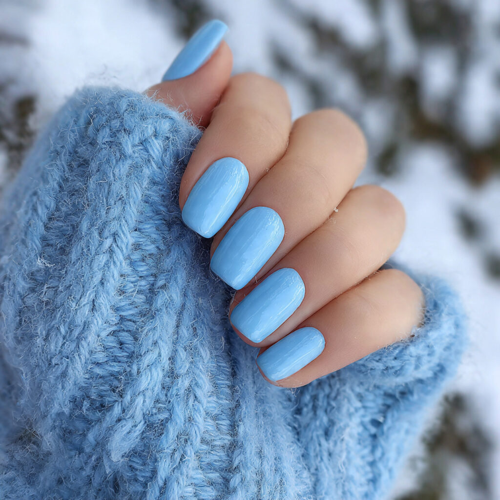 Short Nails Winter: Cozy, Chic & Effortlessly Cute 12 attractive icy blue short nails with outdoor backg