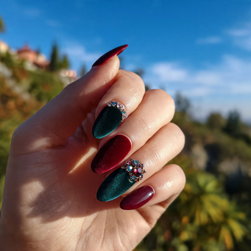 Nail Inspo Maximalist: Bold, Extra & Unapologetically Glam 14 attractive jewel tone velvet nails with outdoor ba