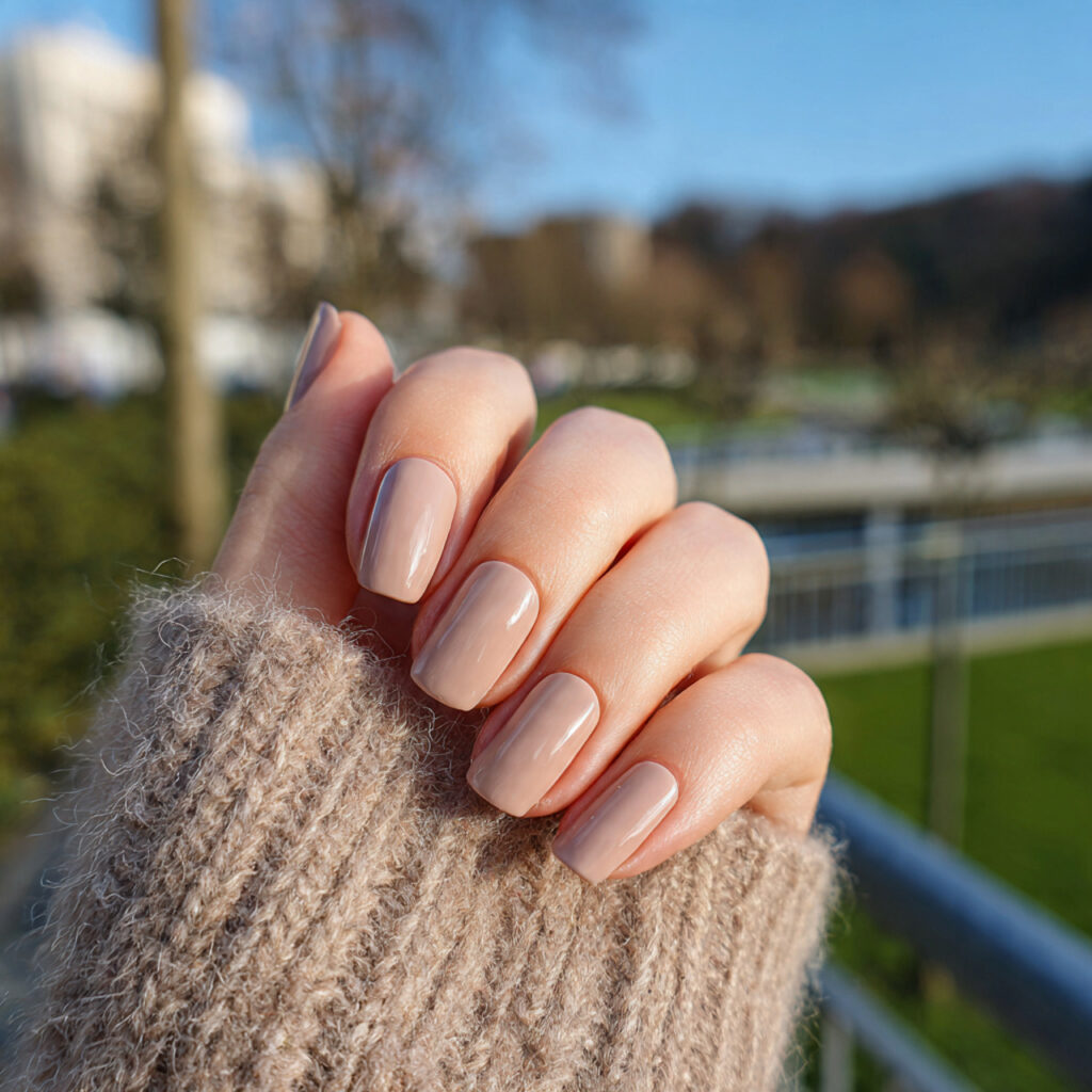 Short Nails Brown: 12 Cozy, Chic & Effortlessly Aesthetic Ideas 2 attractive latte beige short nails with outdoor ba