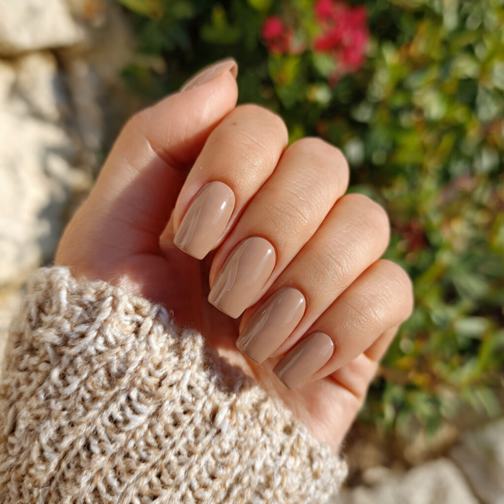 Brown Short Nails: Cozy, Chic Looks You’ll Want on Repeat 1 attractive latte brown gloss nails outdoor backgro