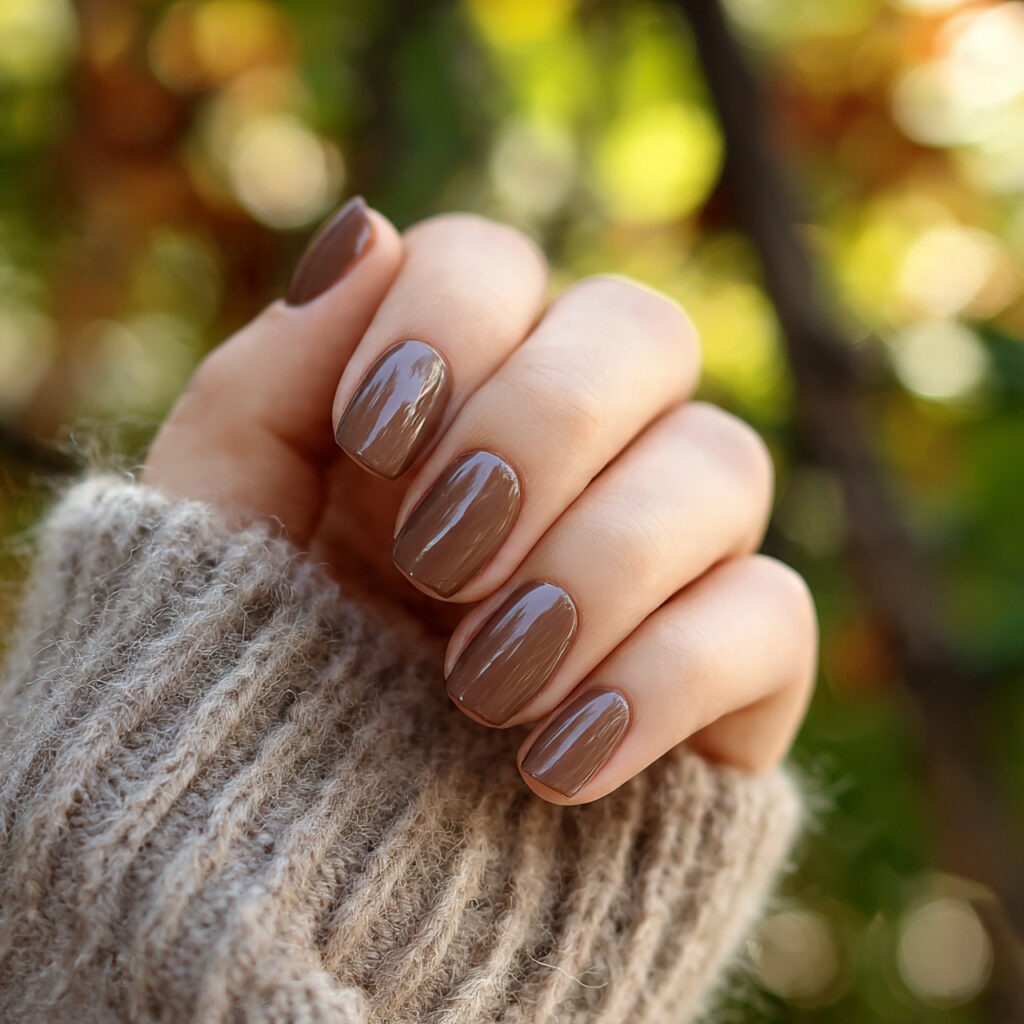 Short Nails Autumn: Cozy, Chic Looks You’ll Fall in Love With 1 attractive latte brown short nails with outdoor ba