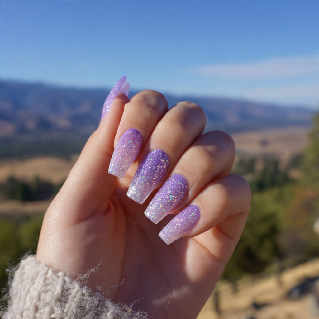 Nail Inspo Aesthetic: 14 Dreamy & Trendy Looks You’ll Want to Save 2 attractive lavender aura nails with outdoor backgr
