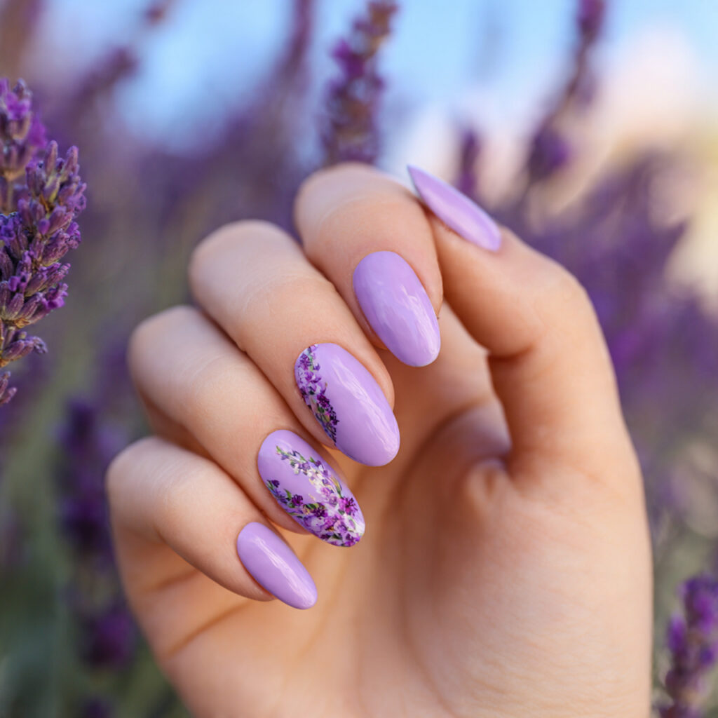 attractive lavender blooming gel nails with outdoo