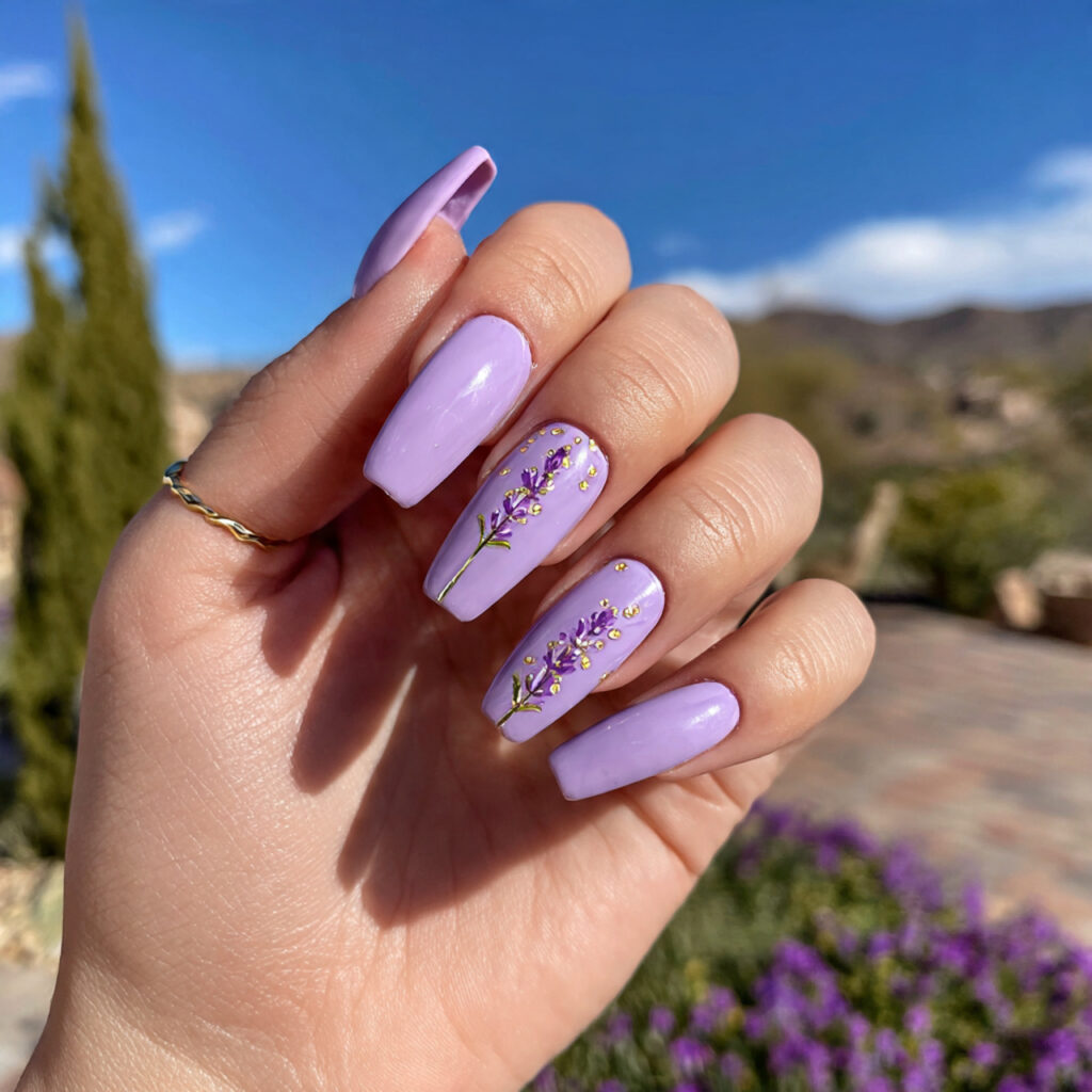 Short Coffin Nails Designs: Chic, Cute & Totally Addictive Ideas 11 attractive lavender coffin nails with outdoor back