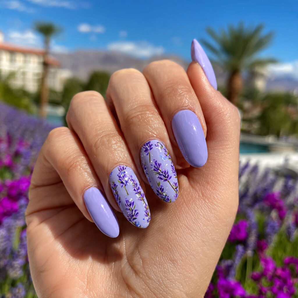 Nail Inspo Purple: 14 Dreamy & Trendy Designs You’ll Love 1 attractive lavender milk nails with outdoor backgr