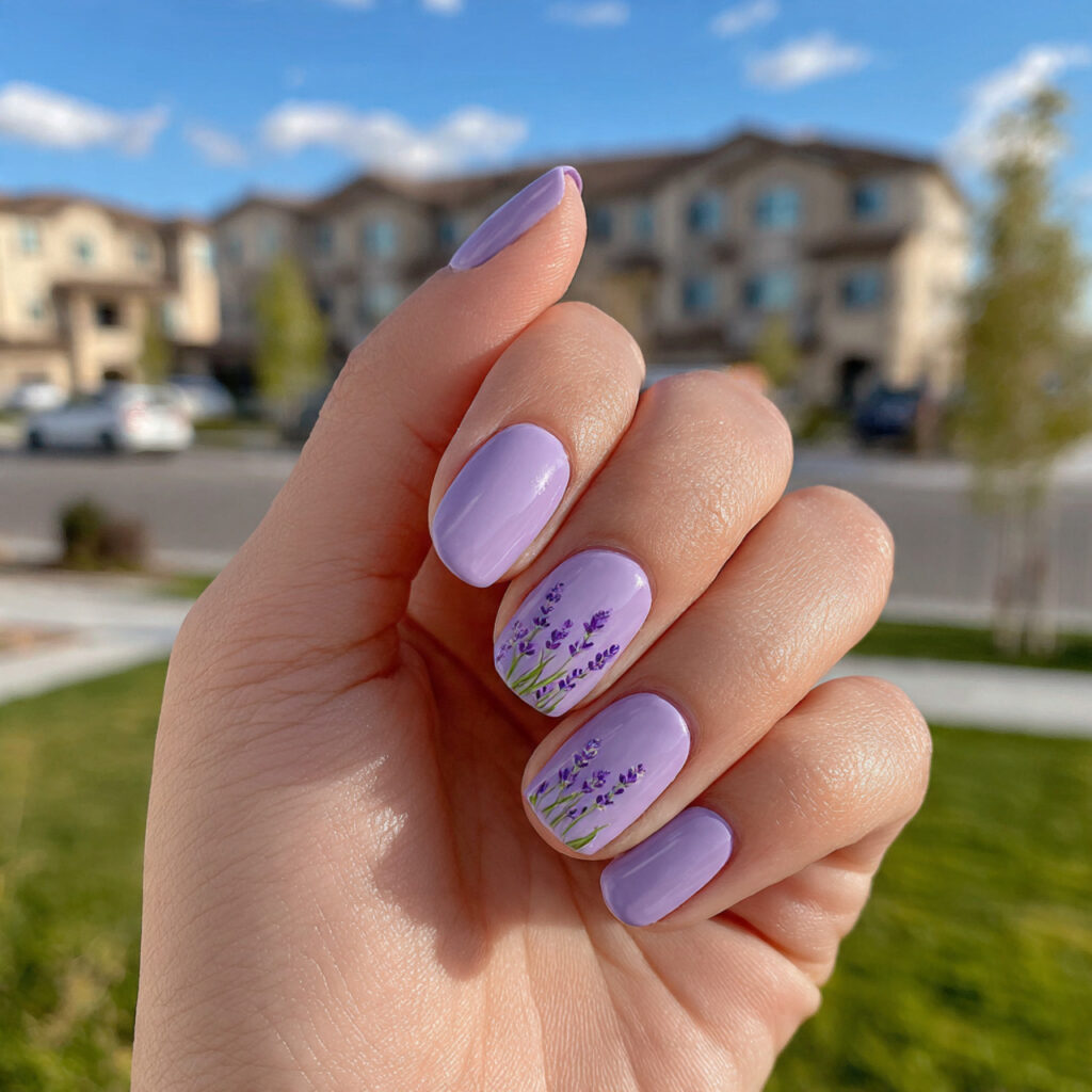 Short Nails Color: Cute, Glossy & Effortlessly Aesthetic Shades 6 attractive lavender short nails with outdoor backg 1