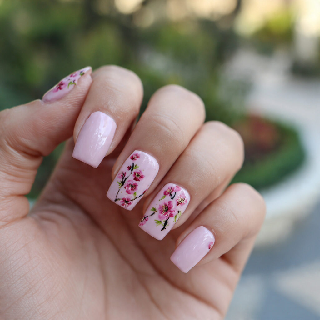Light Pink Nails with Design: Soft Details, Dreamy Perfection 1 attractive light pink nails with floral design wit