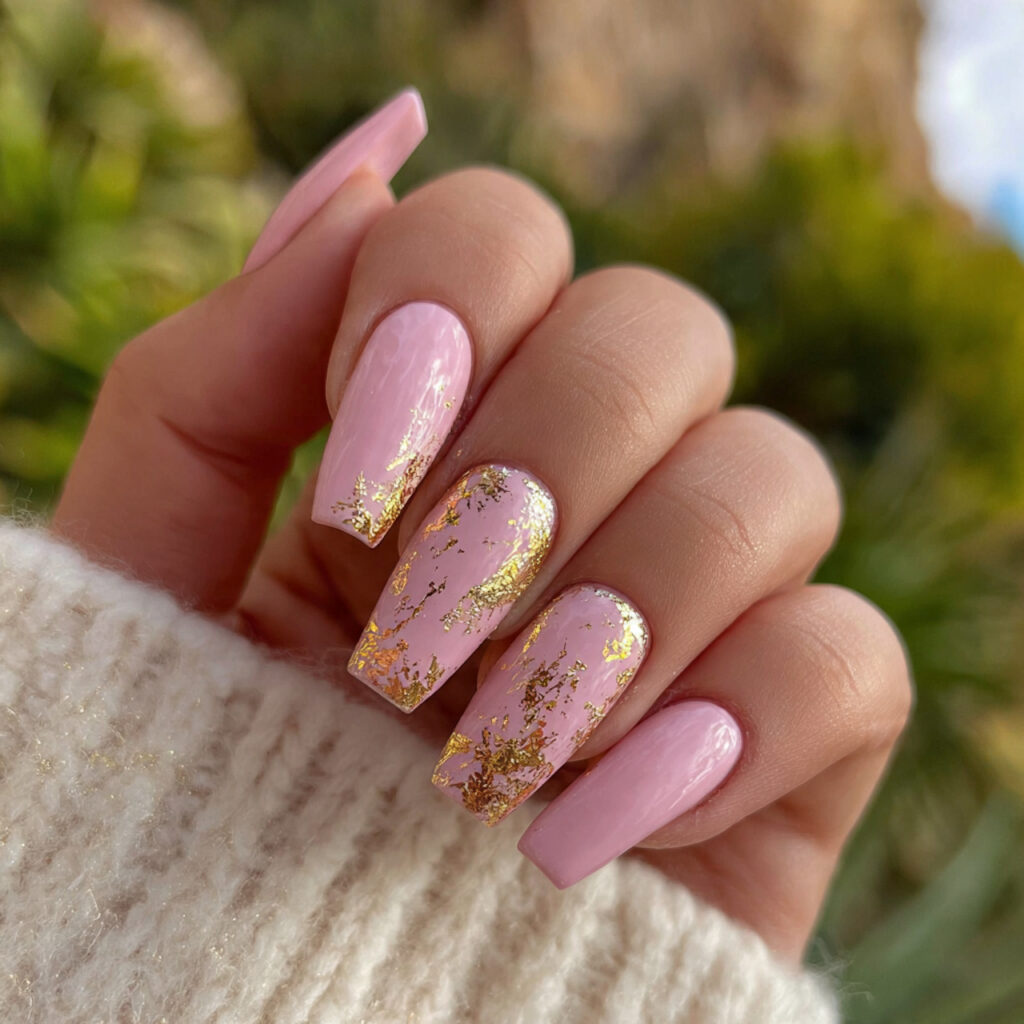 Light Pink Nails with Design: Soft Details, Dreamy Perfection 8 attractive light pink nails with gold foil with ou