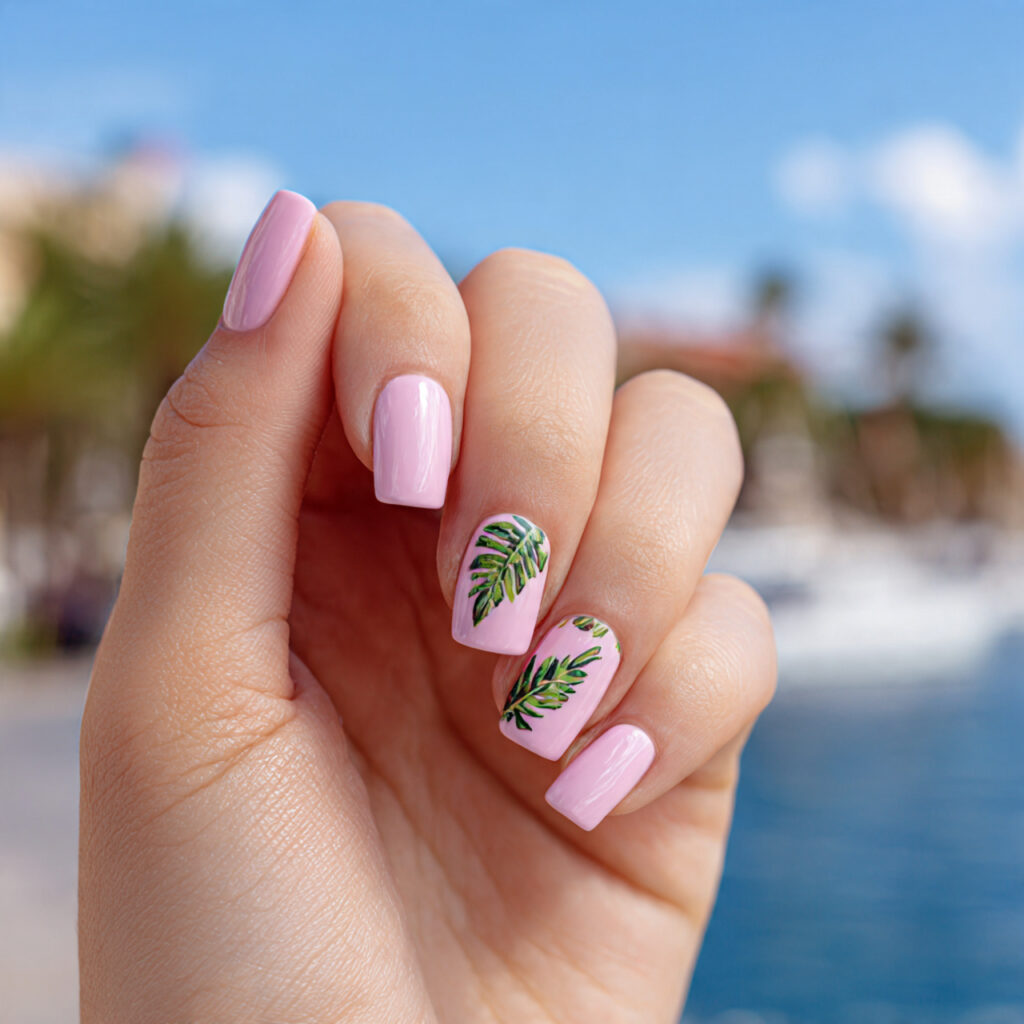 Light Pink Nails with Design: Soft Details, Dreamy Perfection 7 attractive light pink nails with leaf art with out