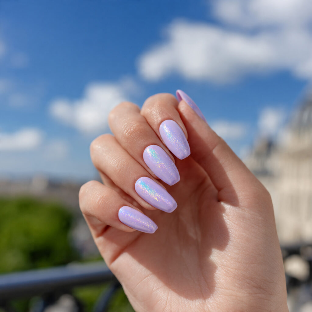 Nail Inspo Purple: 14 Dreamy & Trendy Designs You’ll Love 2 attractive lilac aura nails with outdoor backgroun