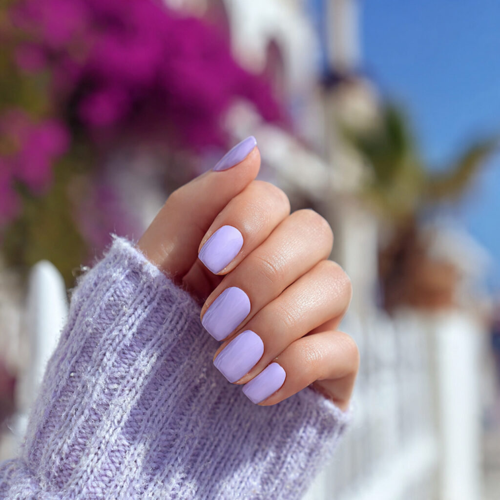 Extra Short Nails: Minimal, Cute & Effortlessly Chic 10 attractive lilac short nails with outdoor backgrou