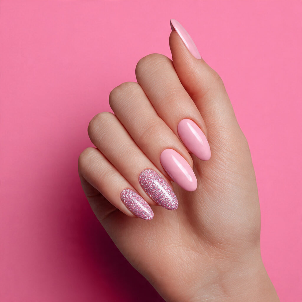 Pink Nails with Glitter Accent: Soft Glam Looks You’ll Want to Save 8 attractive manicured hand with matte pink nails an