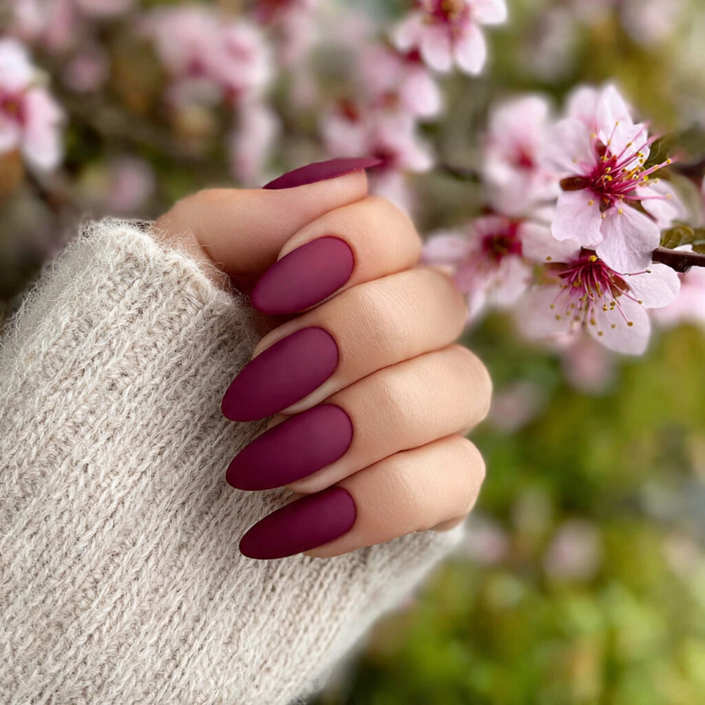 attractive matte almond nails with outdoor backgro